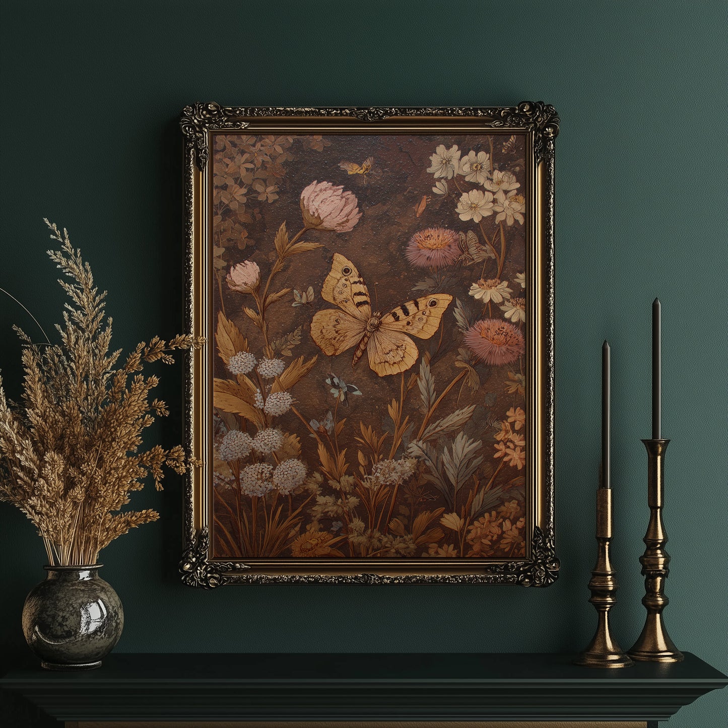 Golden Moths Among Vintage Blooms