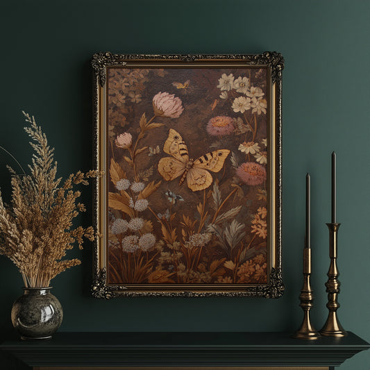 Golden Moths Among Vintage Blooms