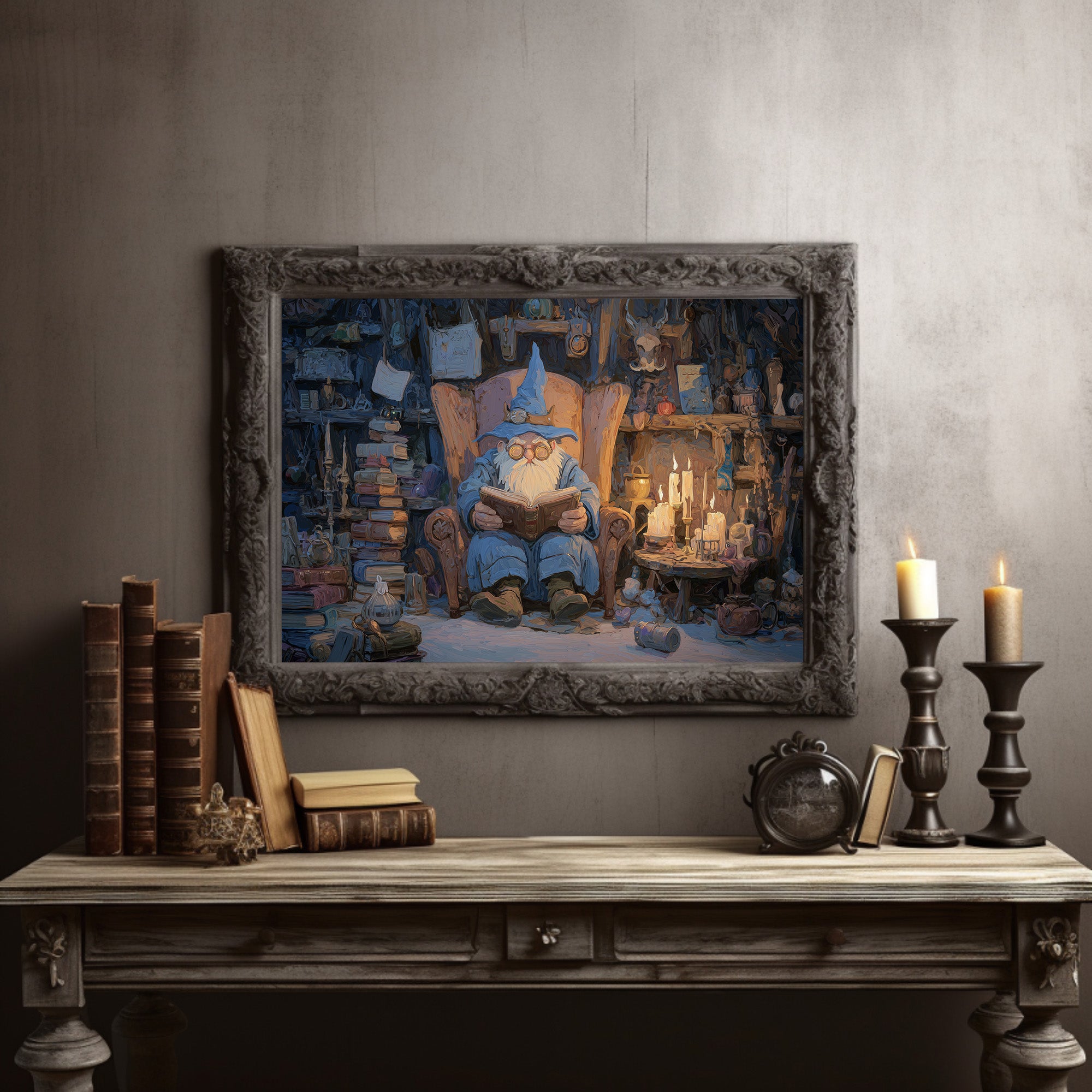 Candlelit Scholar Among Stacked Tomes