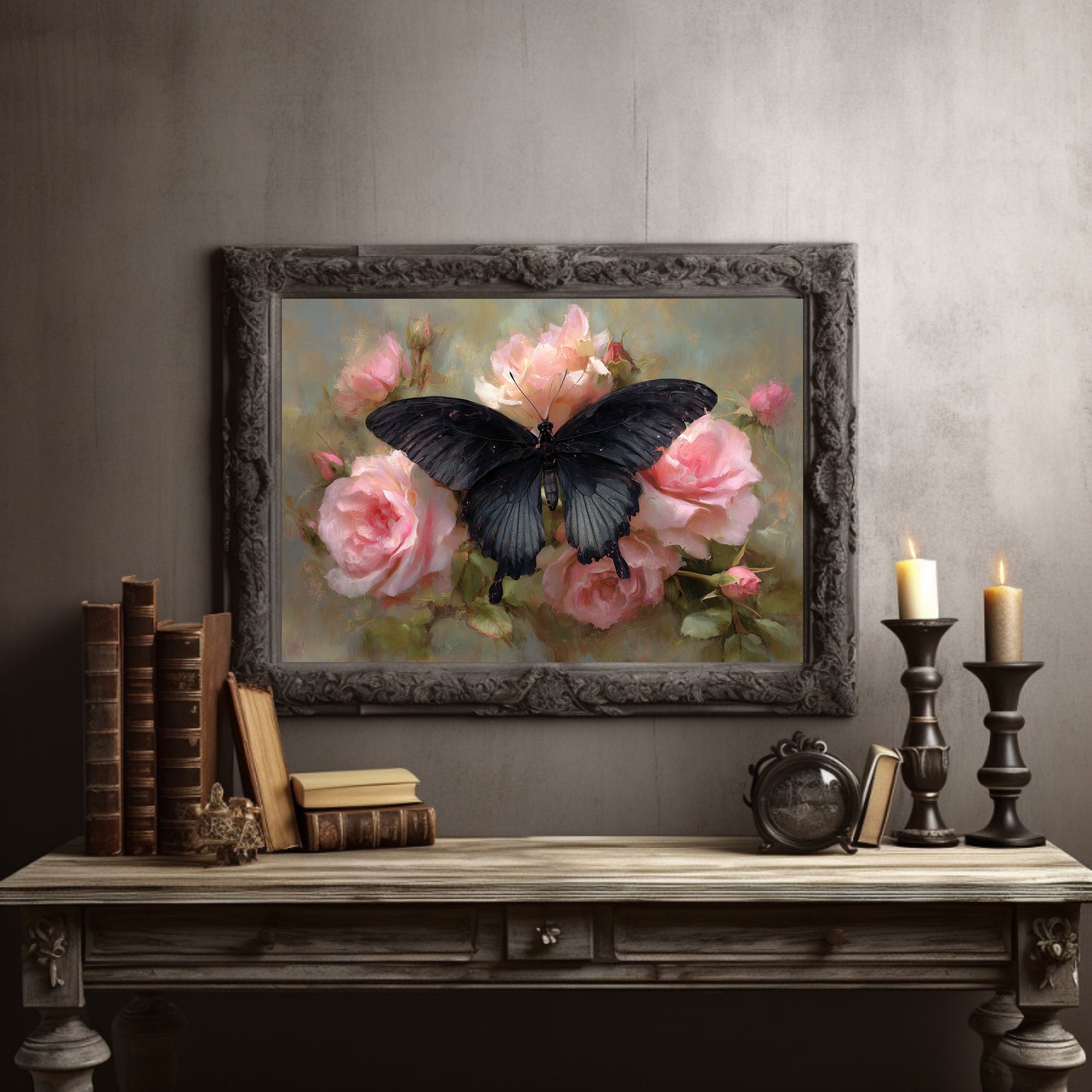 Dark Wings Among Blush Roses