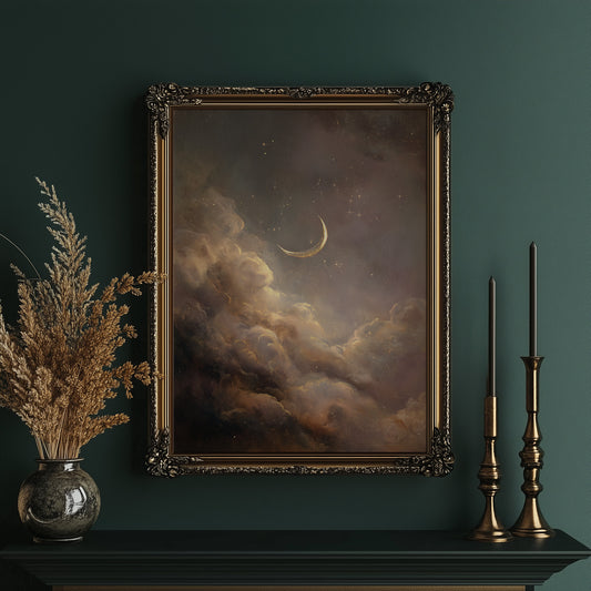 Crescent Floats Through Amber Clouds