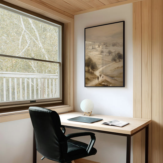 Travelers On Misty Village Path