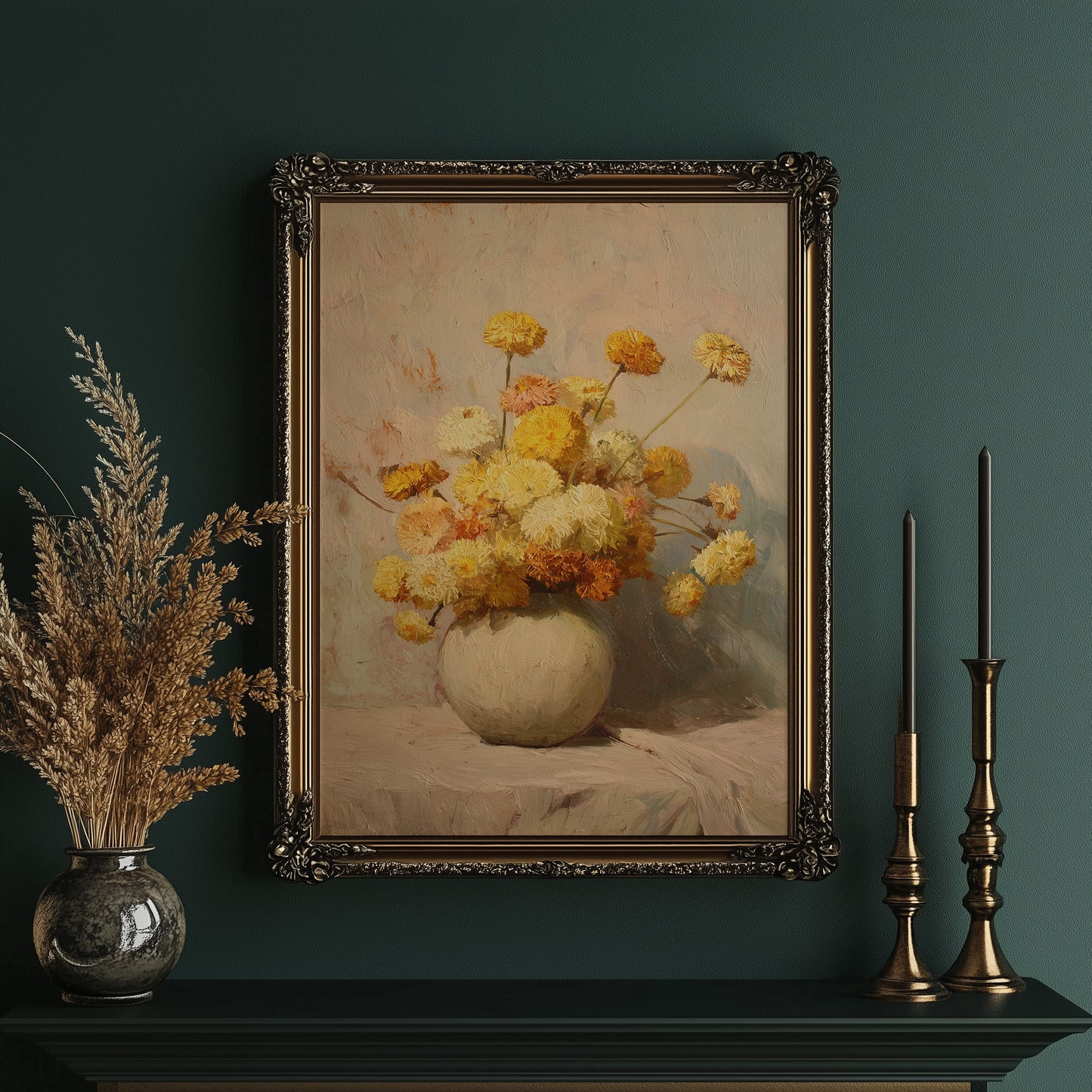 Sunlit Chrysanthemums in Cream Pottery