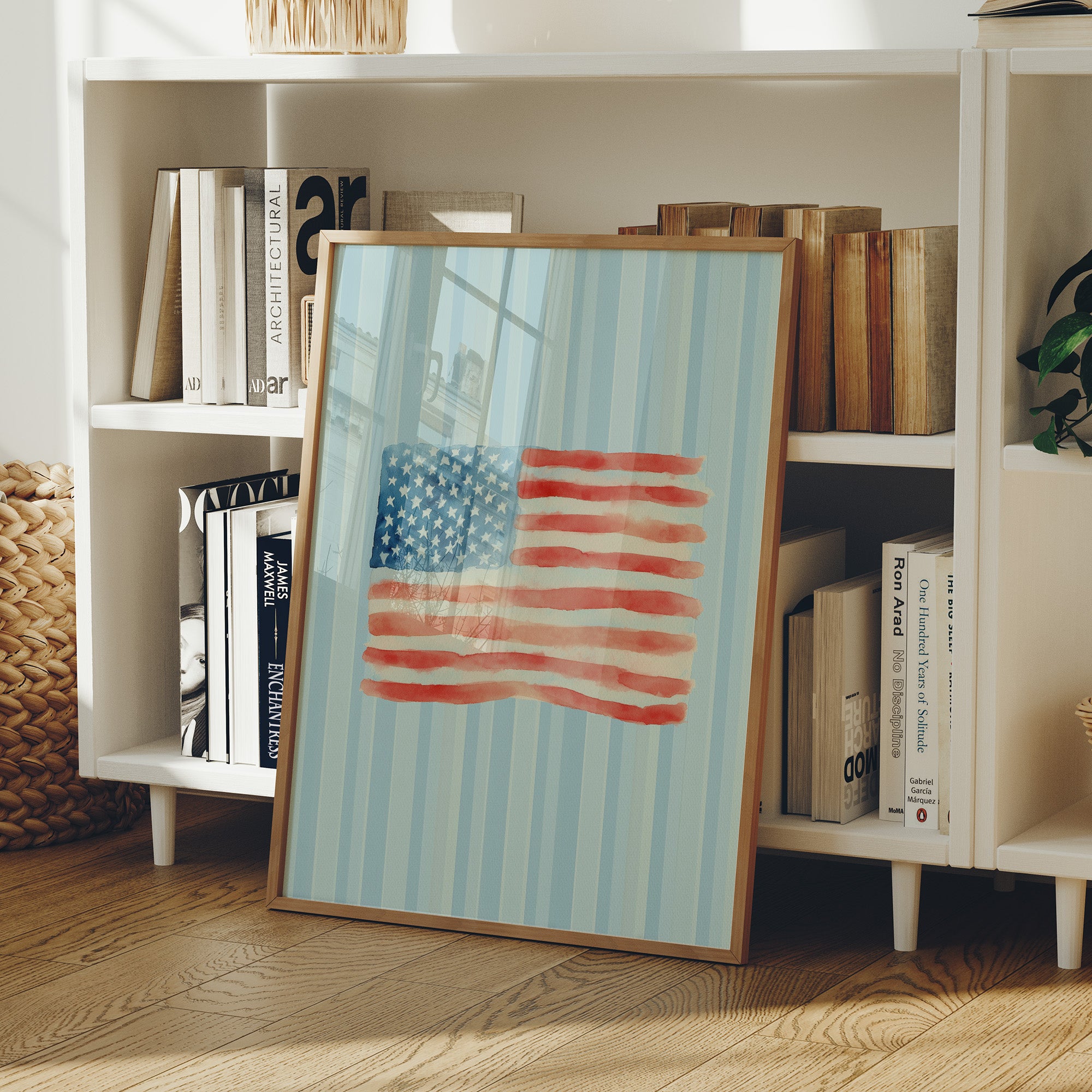 Watercolor Patriotism on Striped Blue