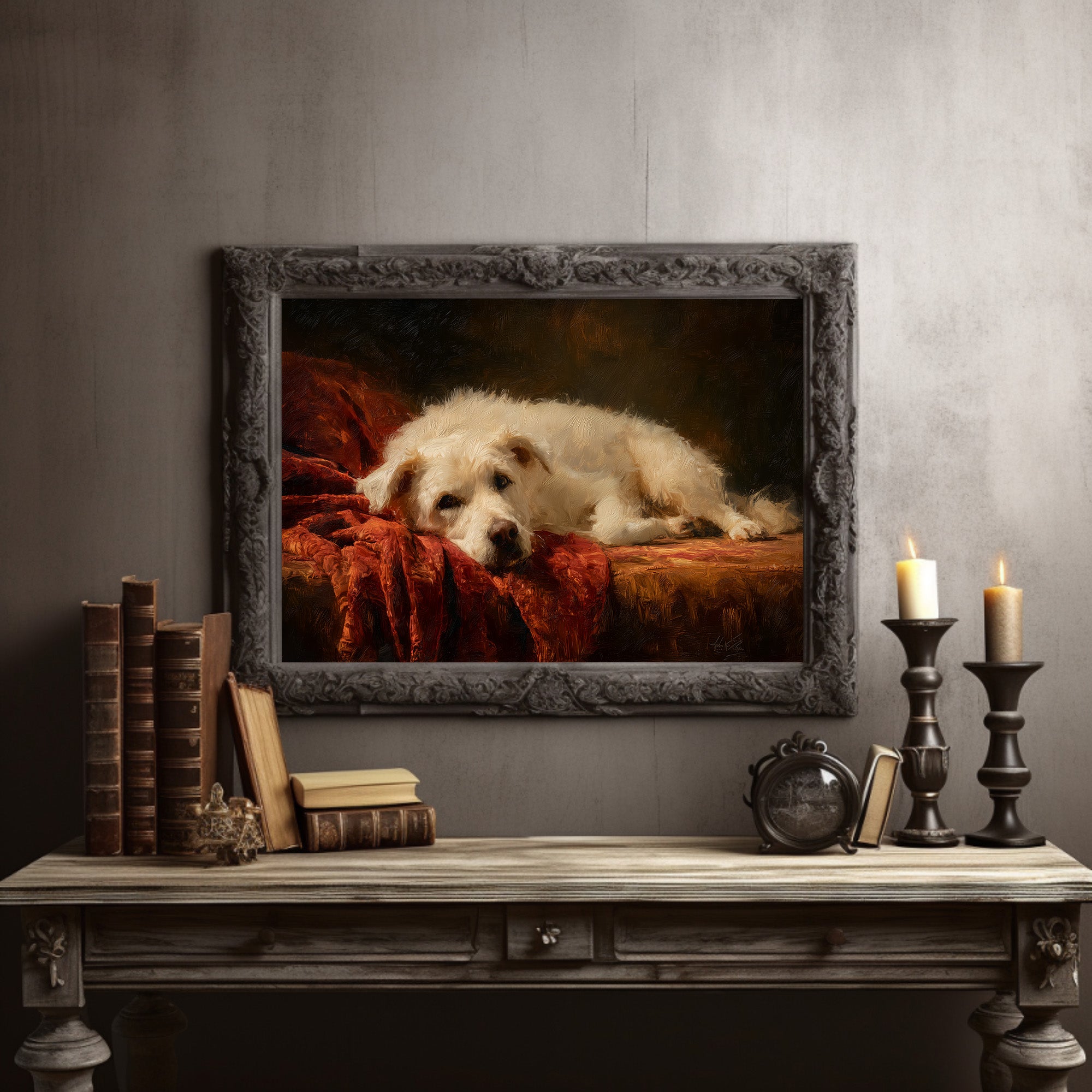 Loyal Companion Rests On Crimson Velvet