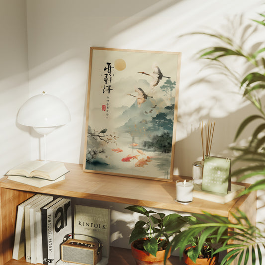 Cranes Dance Above Golden Koi