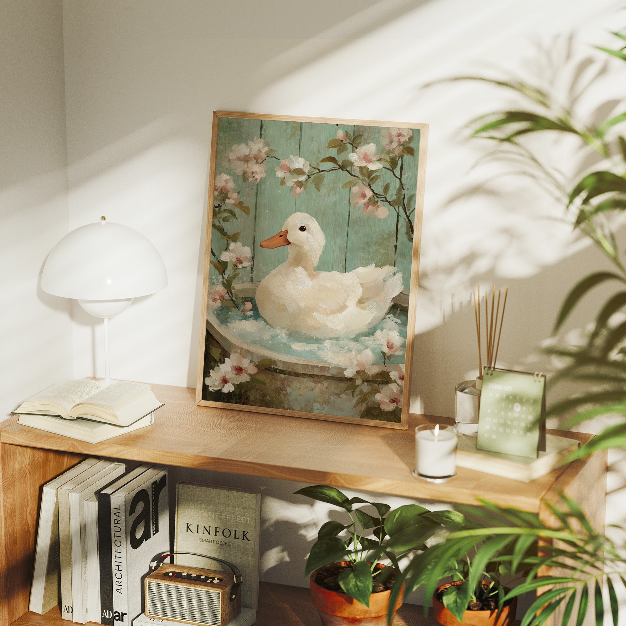 White Duck Among Spring Blossoms