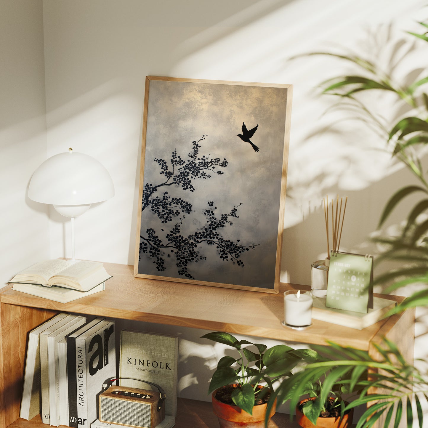 Bird Takes Flight Through Cherry Blooms