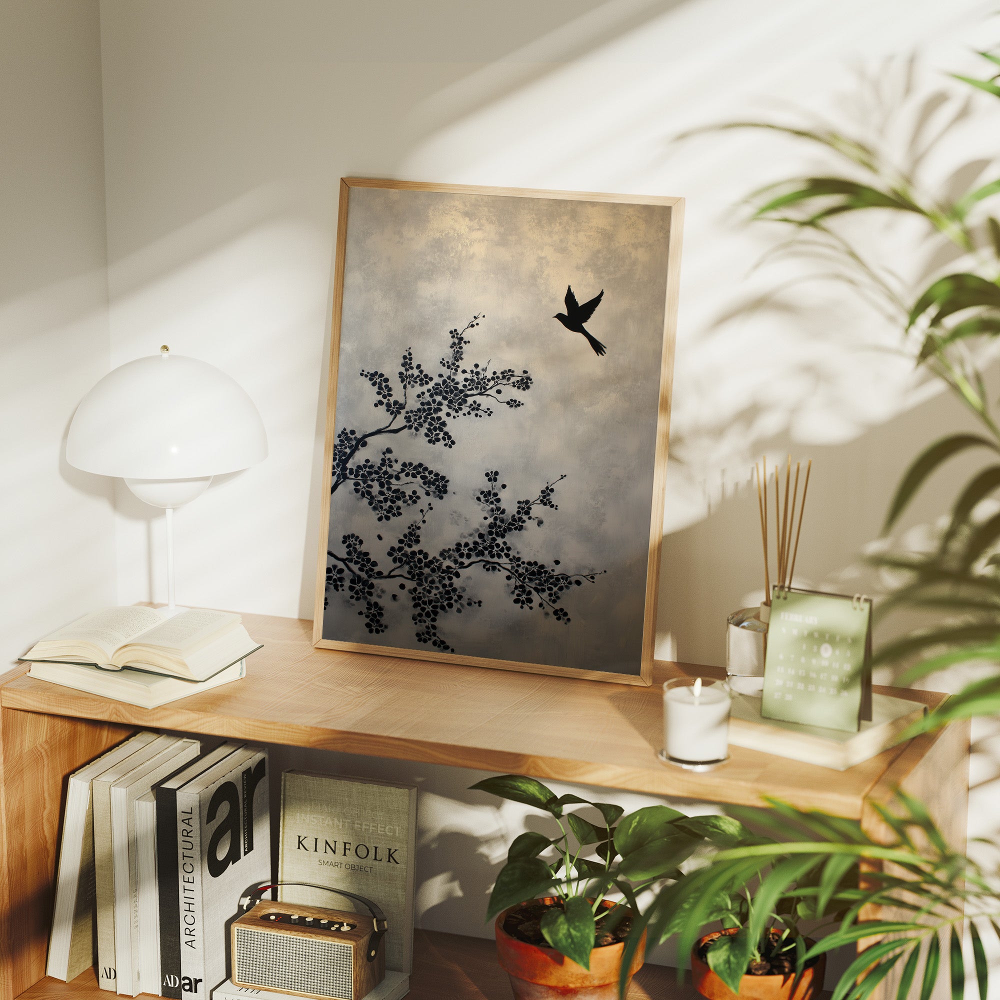 Bird Takes Flight Through Cherry Blooms