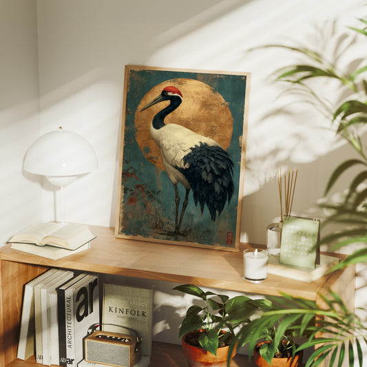 Noble Crane Against Golden Moon