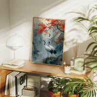 Cranes Dance Below Maple Fire