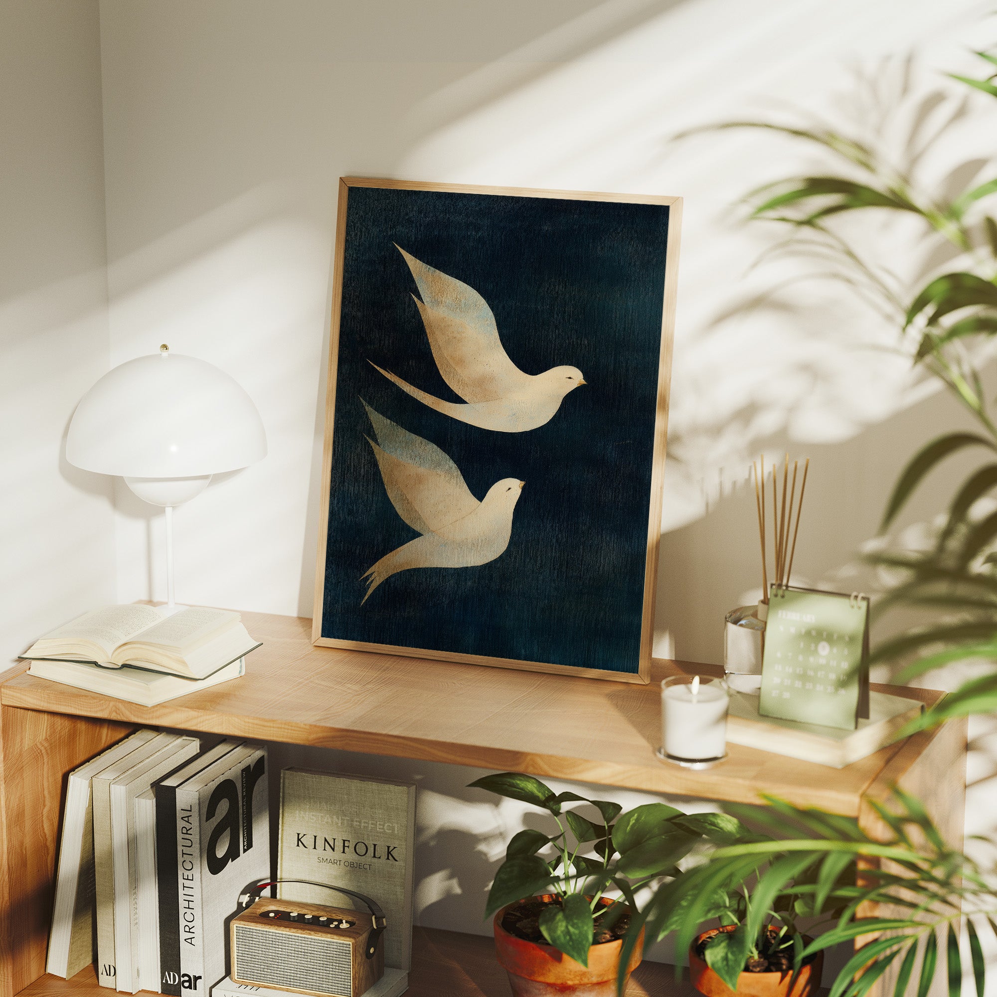 Doves Float Through Midnight Blue