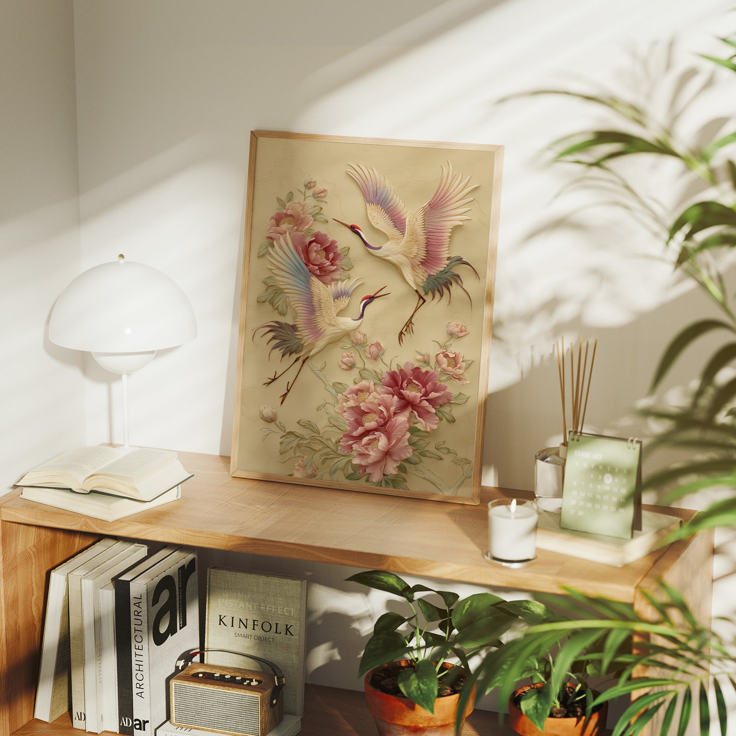 Graceful Cranes Among Peony Blooms