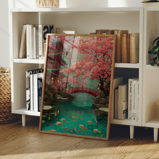 Cherry Blossoms Dance Above Koi Pond