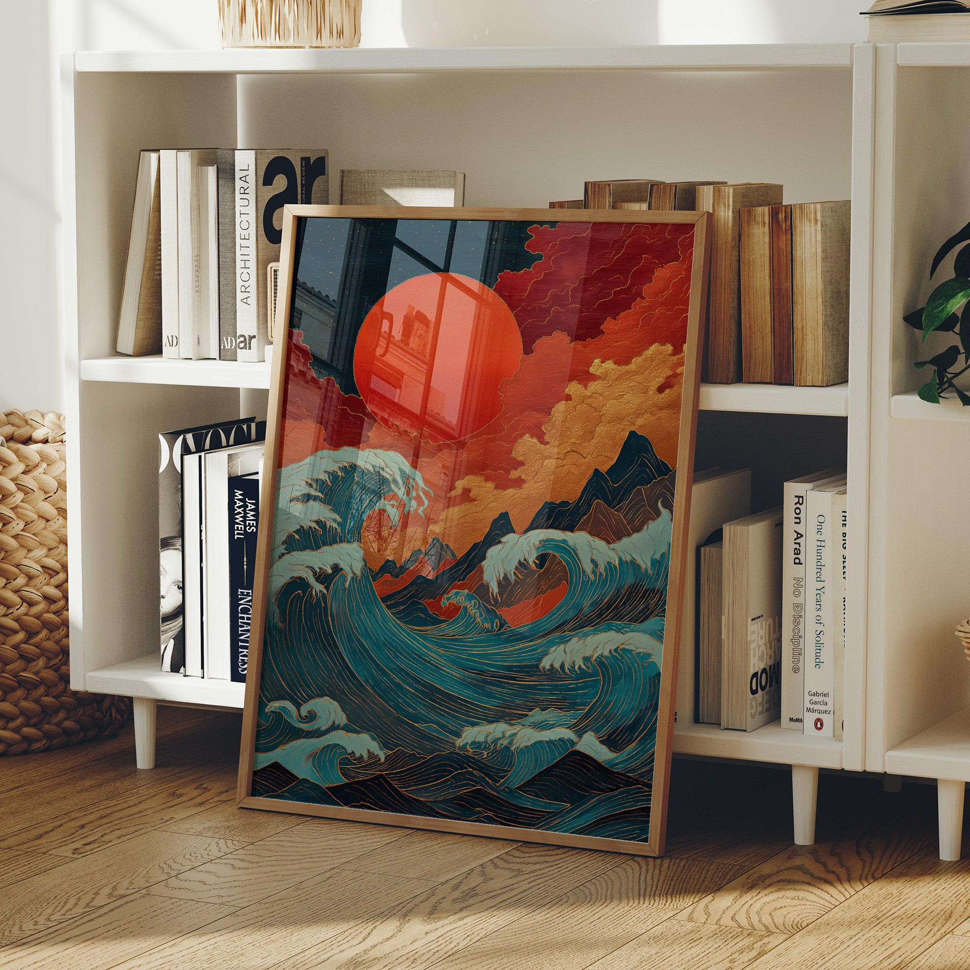 Ocean Flames Dance Under Crimson Moon