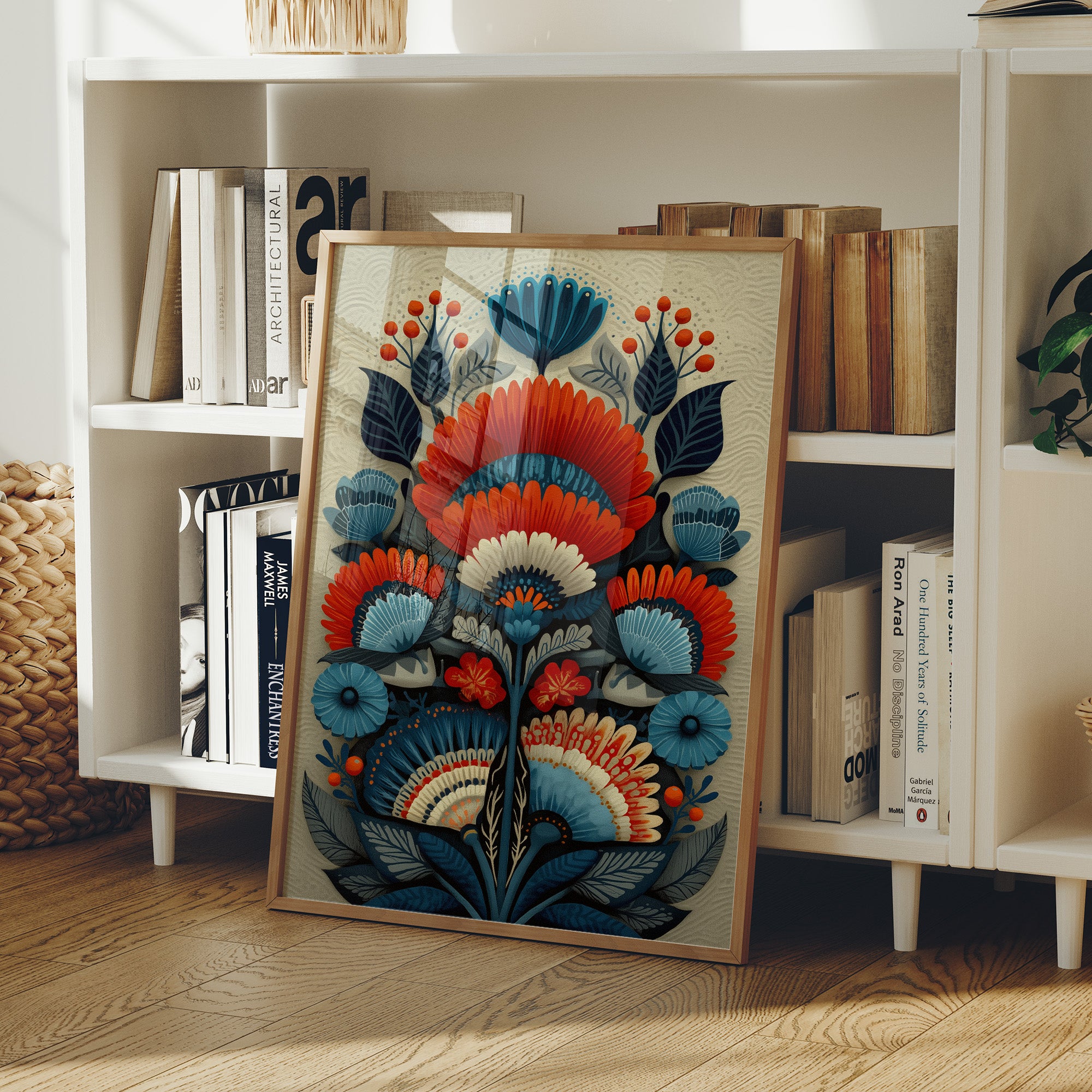 Folk Blooms Dance In Coral Blue