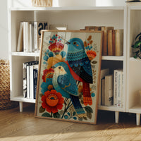 Blue Bird Sings Among Coral Blooms