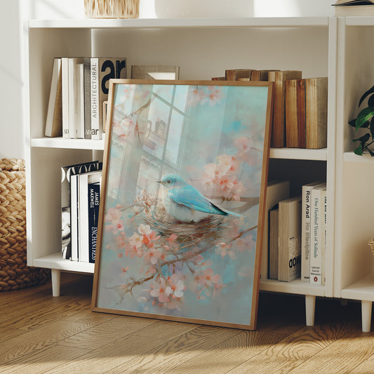 Blue Bird Rests Among Cherry Blossoms
