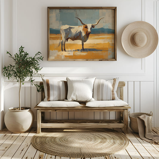 Longhorn Stands In Golden Fields