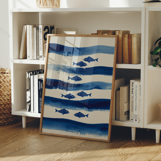 Blue Fish Swim Between Waves