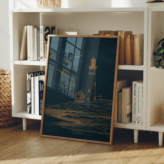 Golden Lighthouse On Midnight Seas