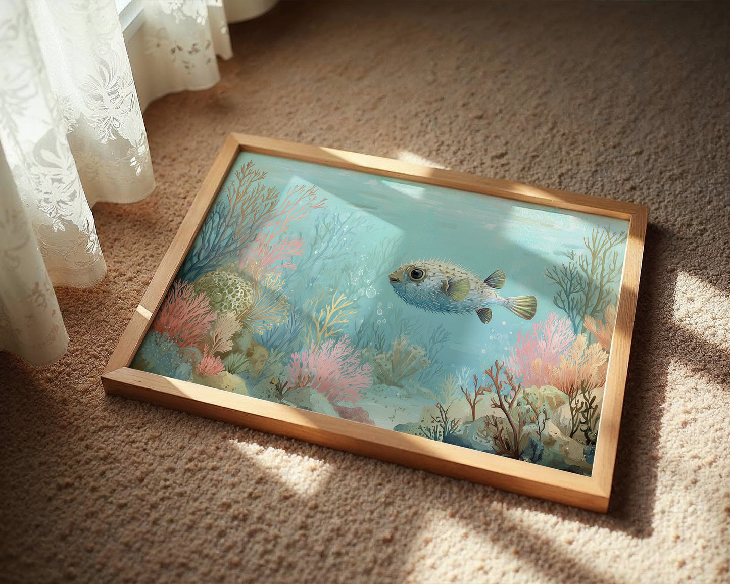 Pufferfish Drifts Through Coral Symphony