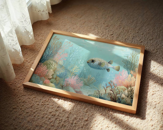 Pufferfish Drifts Through Coral Symphony