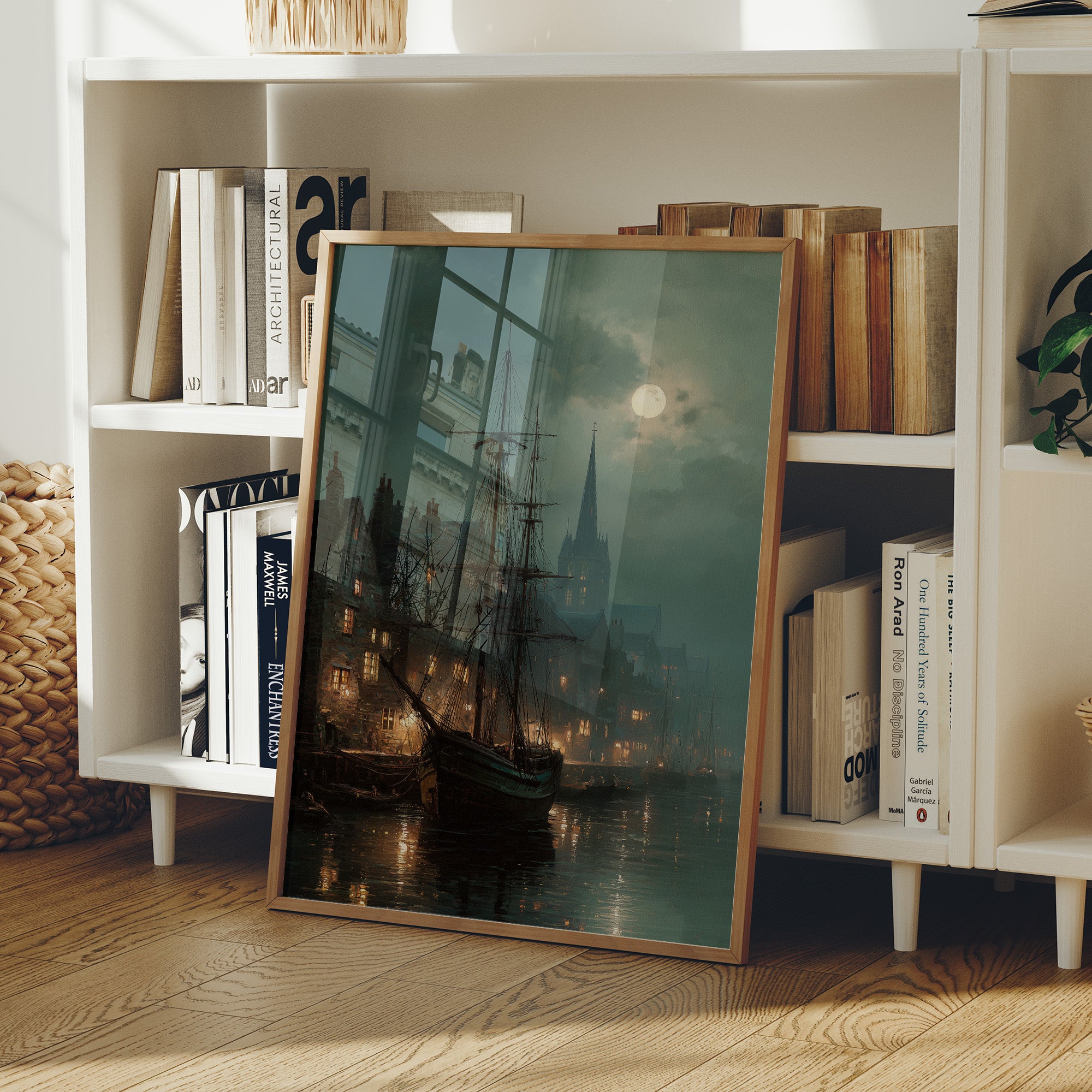 Harbor Lights Below Foggy Moon