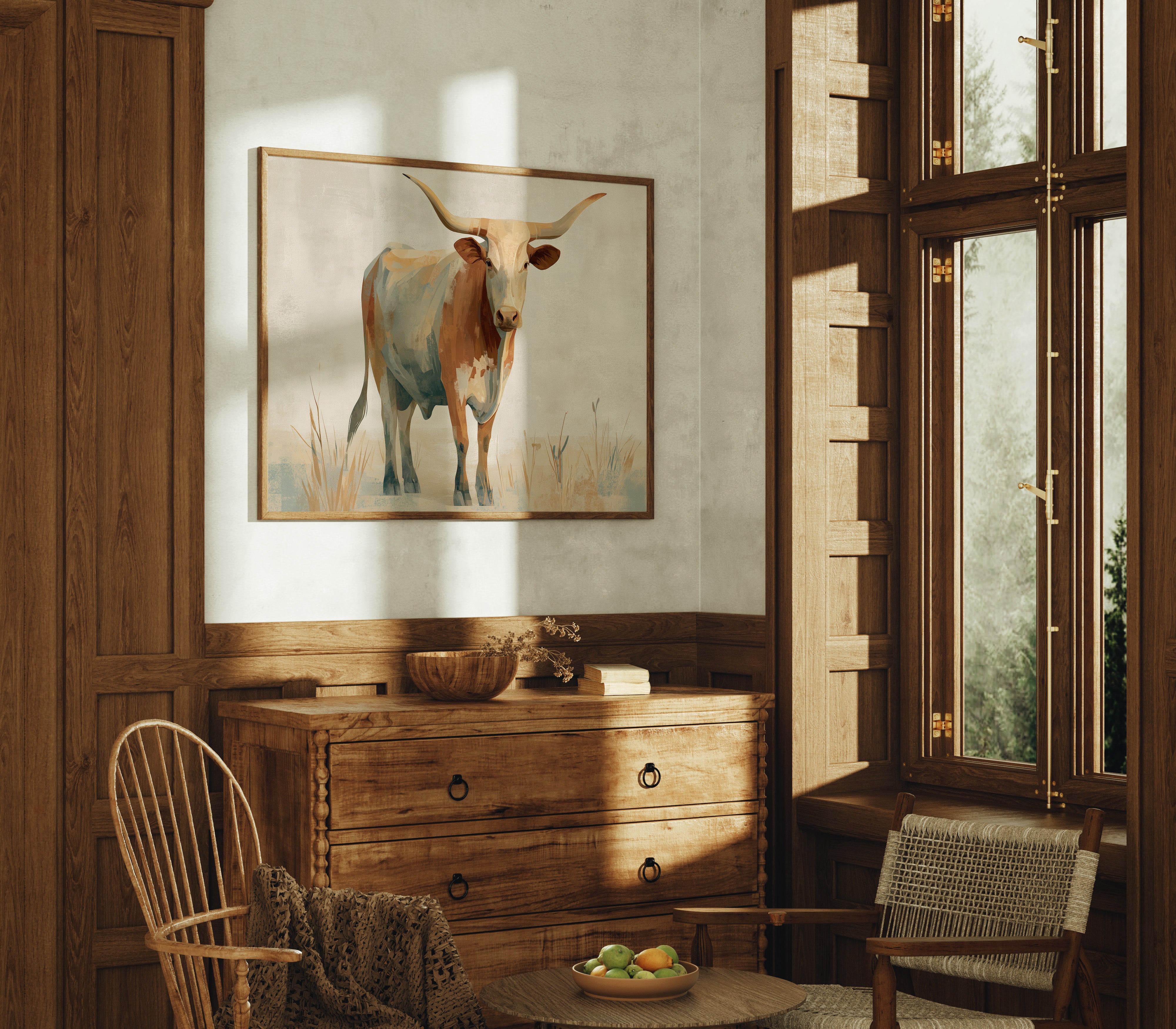 Longhorn's Stoic Gaze Across Prairie Whispers