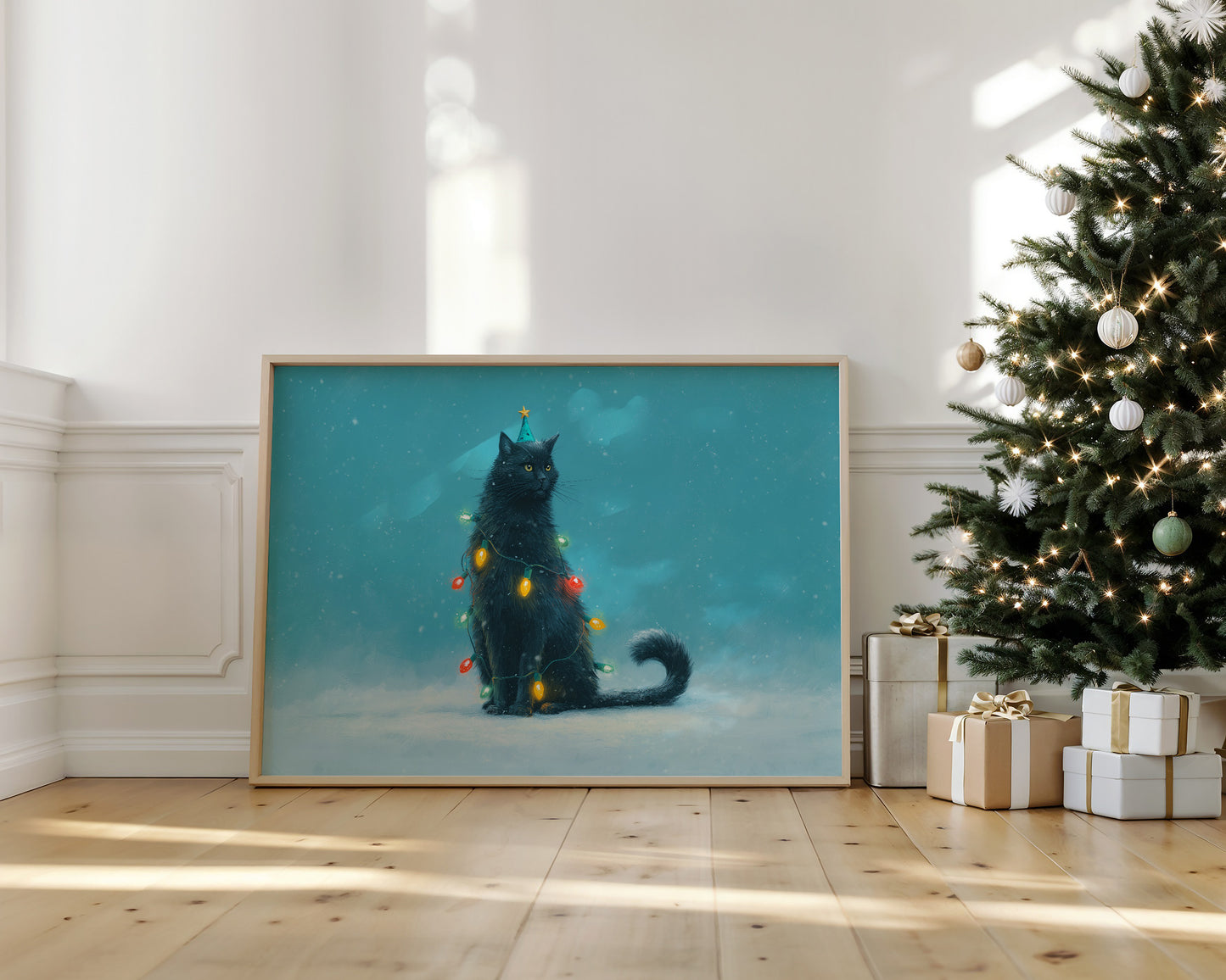 Festive Feline Adorned in Holiday Glow