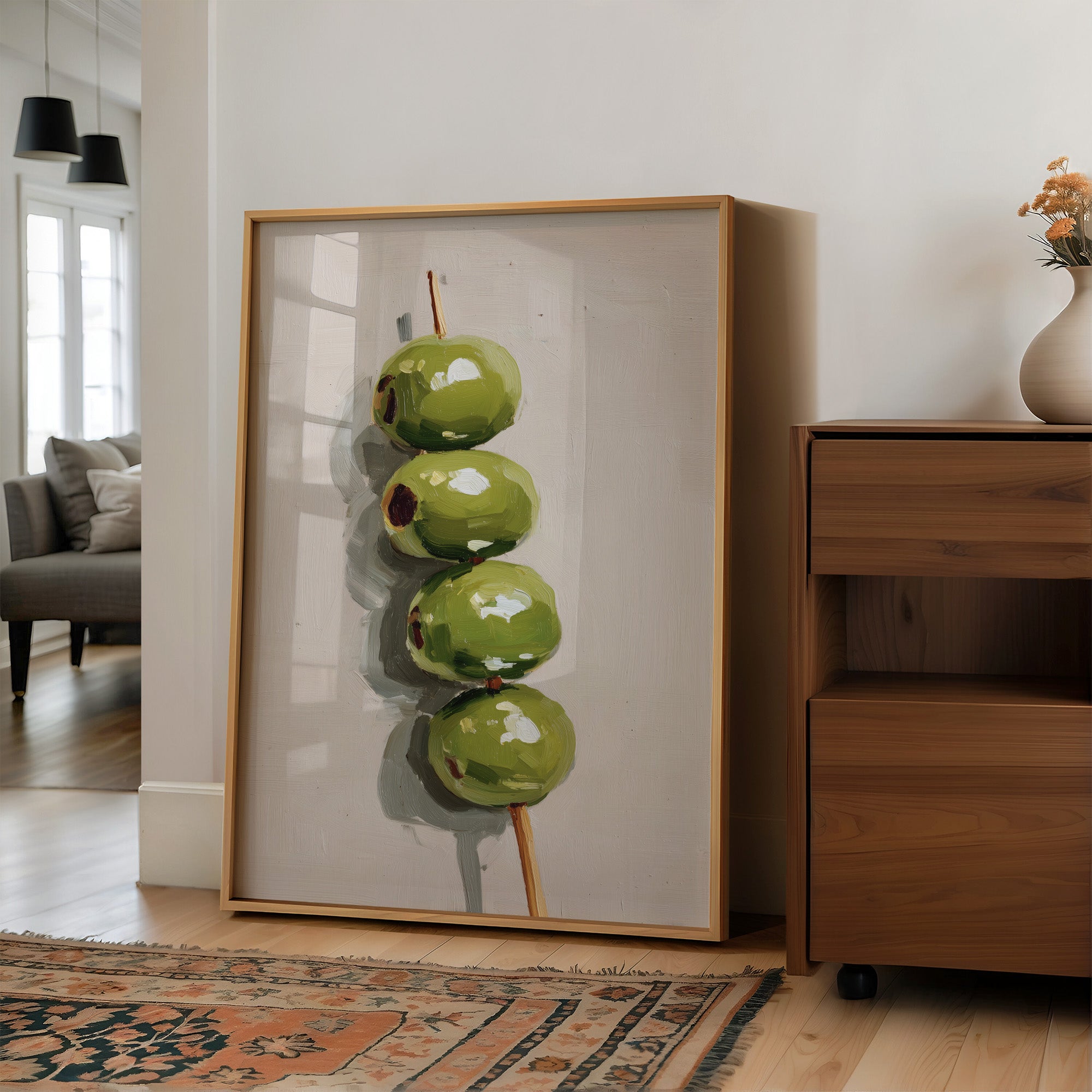 Verdant Olives on Wooden Skewer
