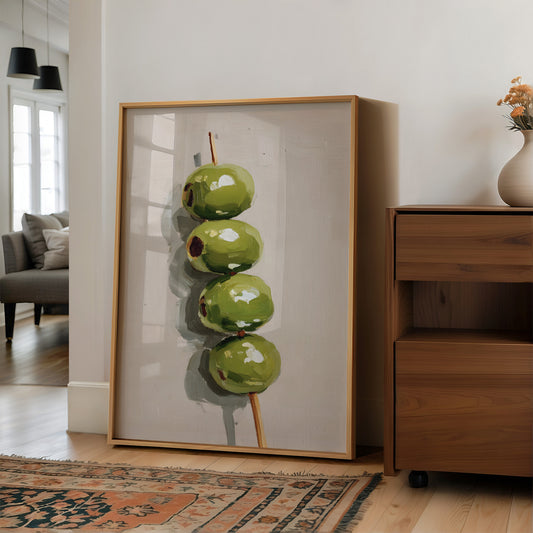 Verdant Olives on Wooden Skewer