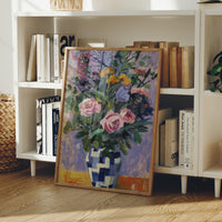 Vibrant Blooms in Checkered Blue