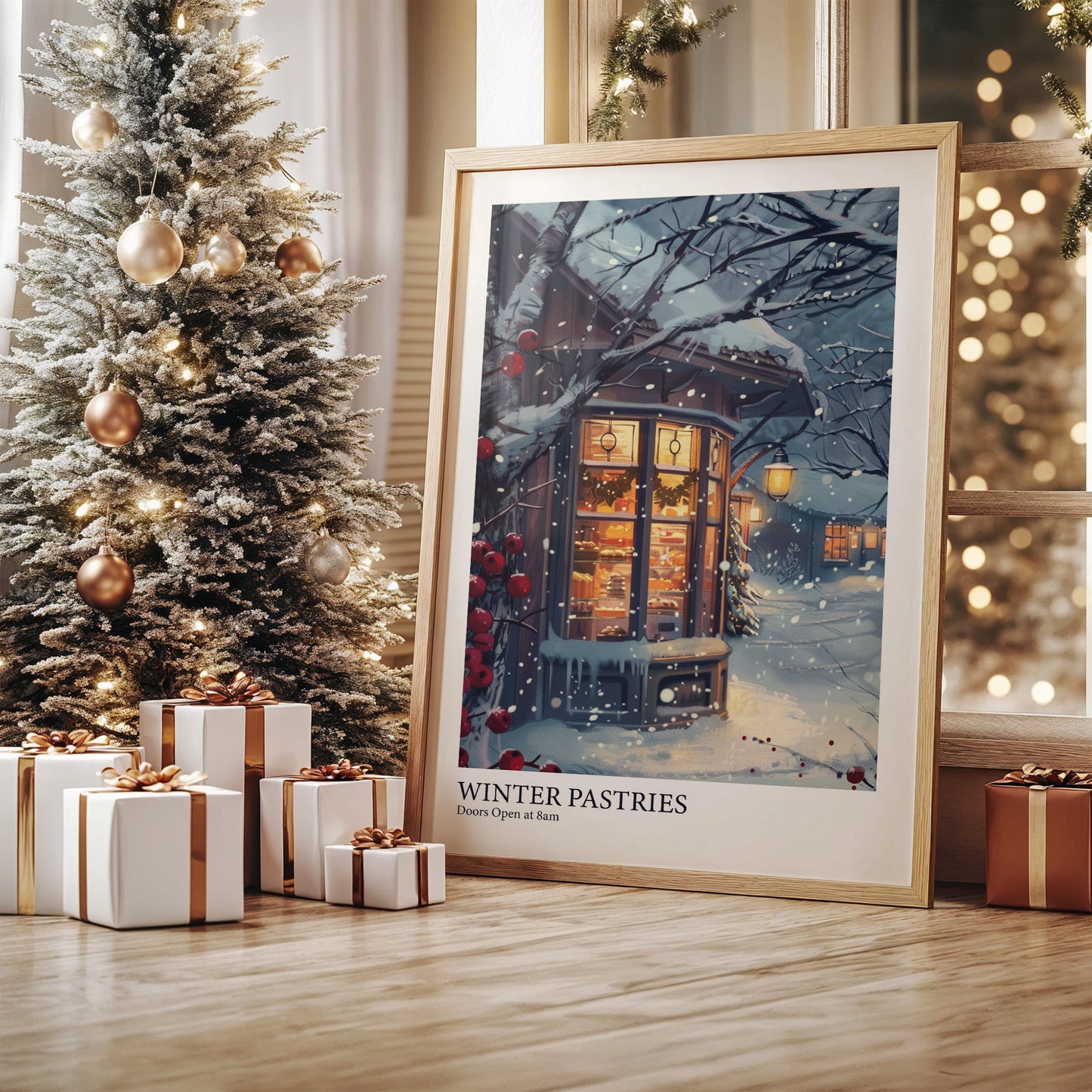 Bakery Glows Through Snowfall Evening