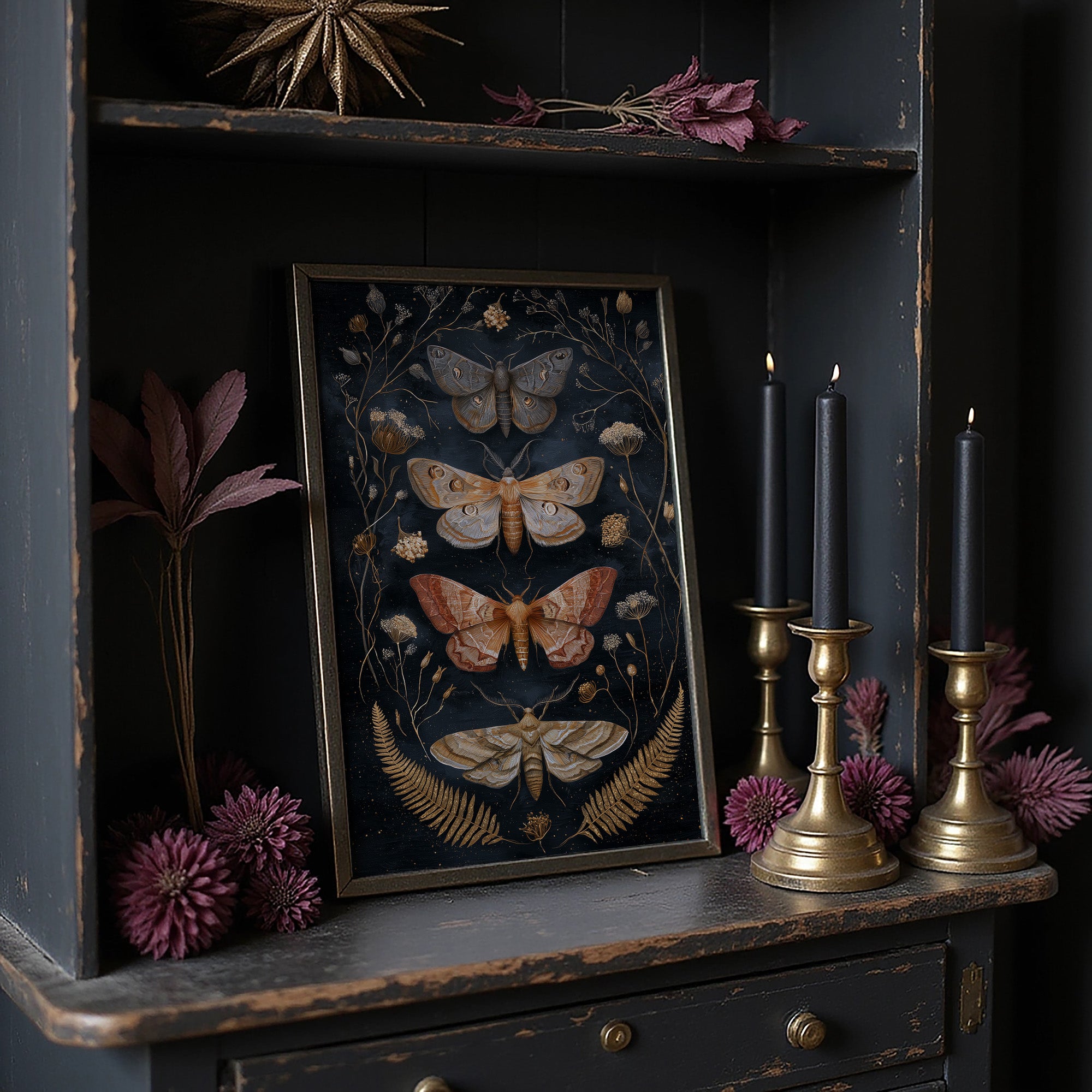 Midnight Moths Among Golden Stems