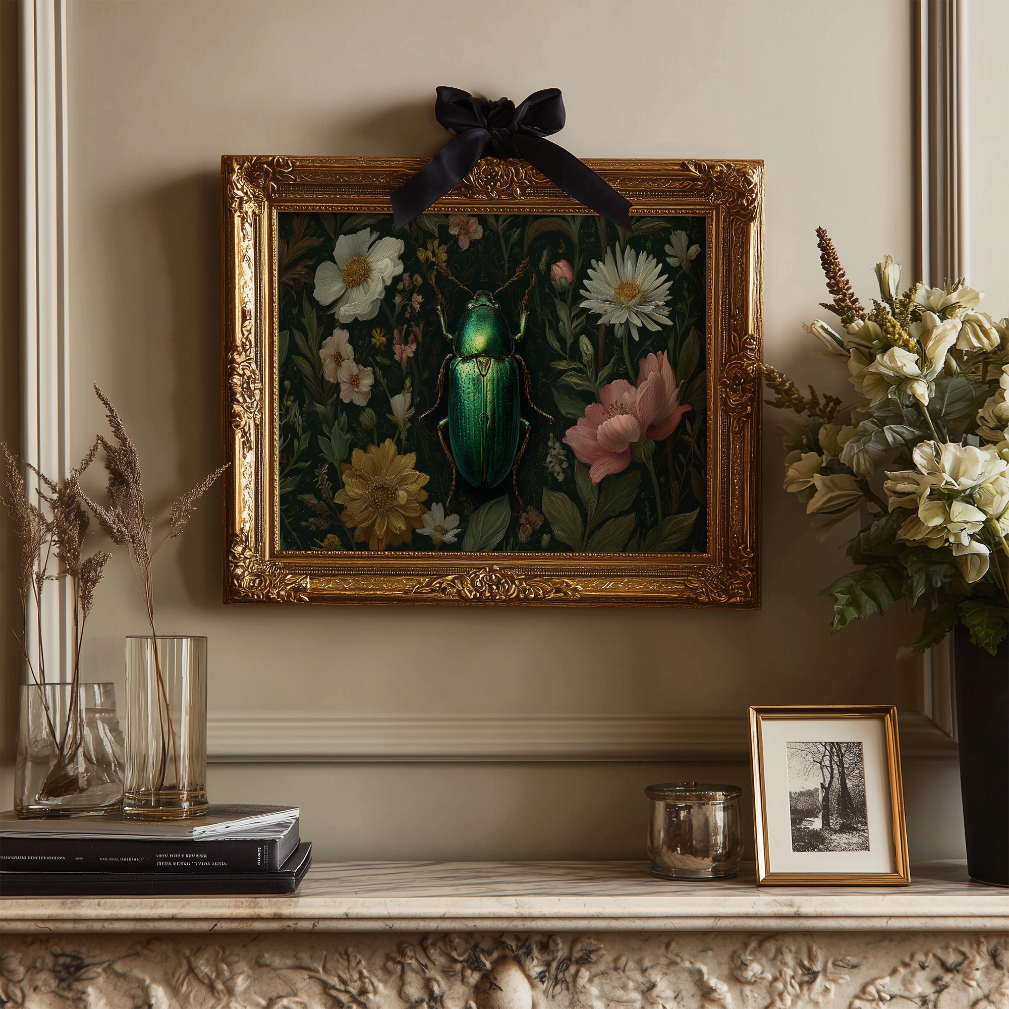 Emerald Beetle Among Garden Blooms