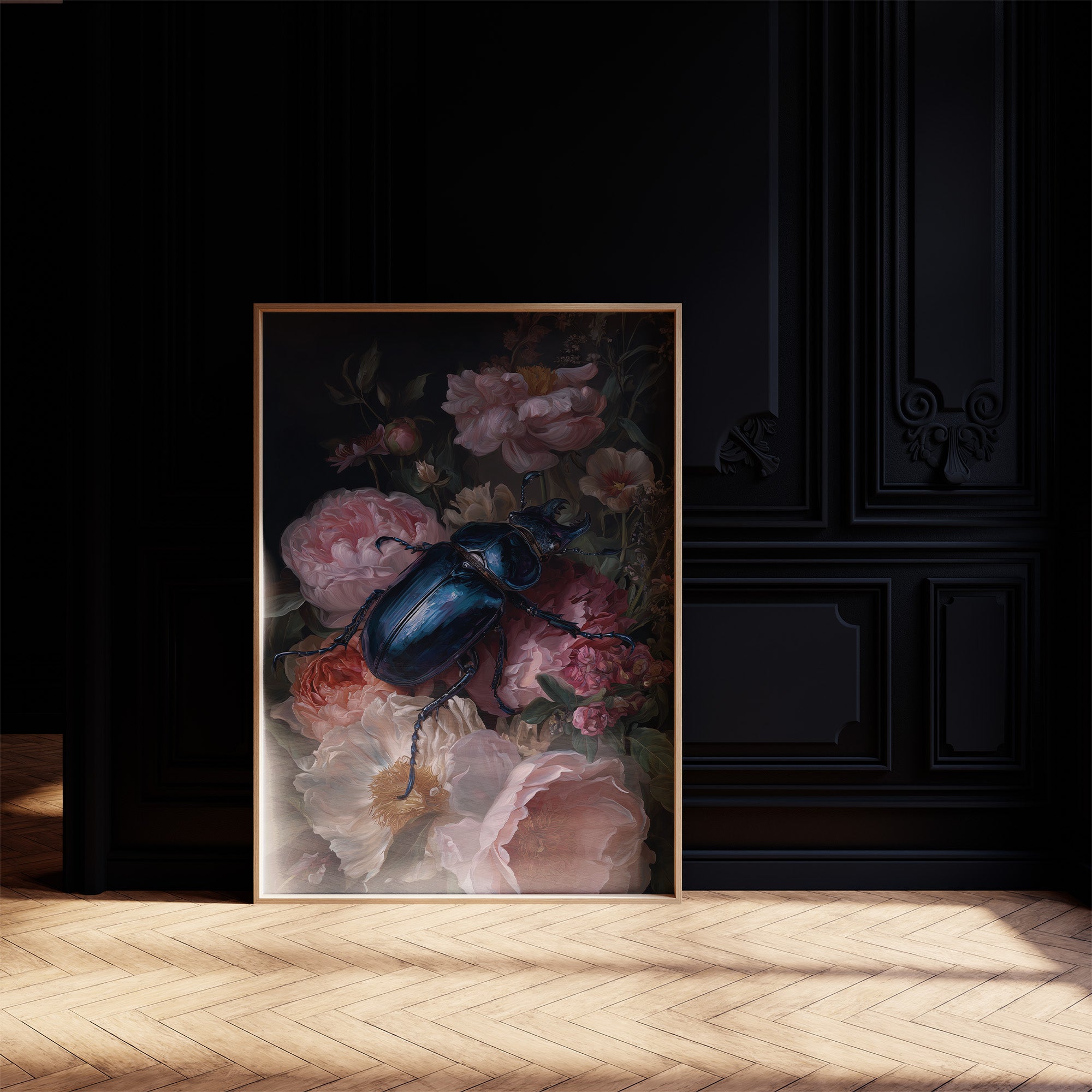 Sapphire Beetle Among Blushing Peonies