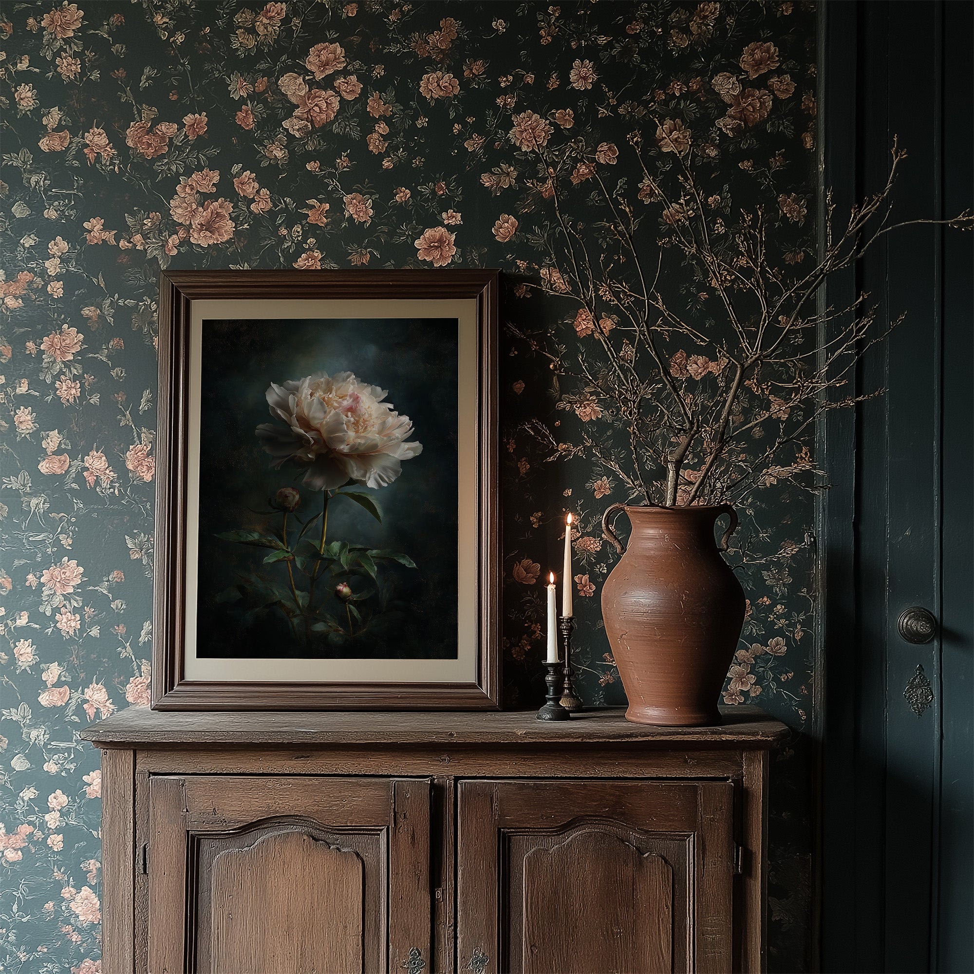 Pale Blossom Against Midnight Walls