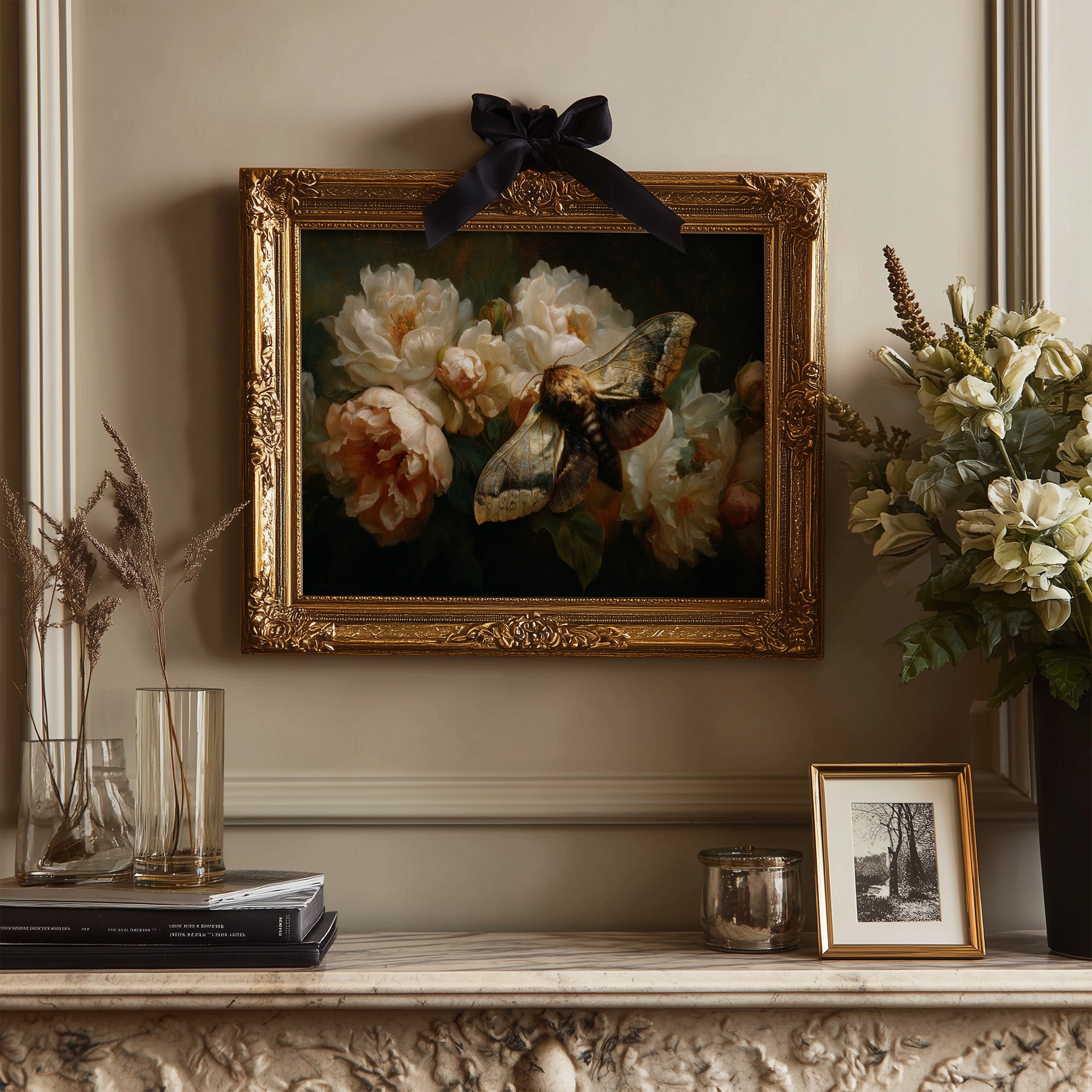 Moth Among Cream Peonies