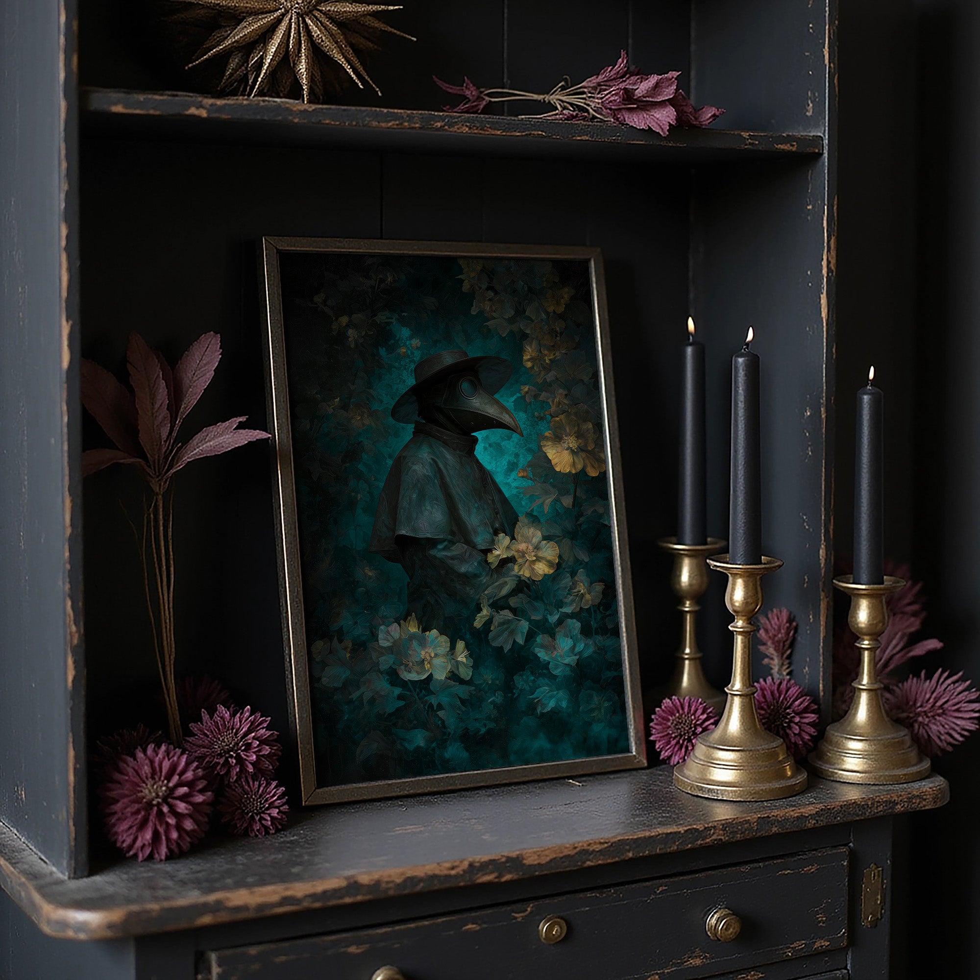 Plague Doctor Among Pale Blossoms
