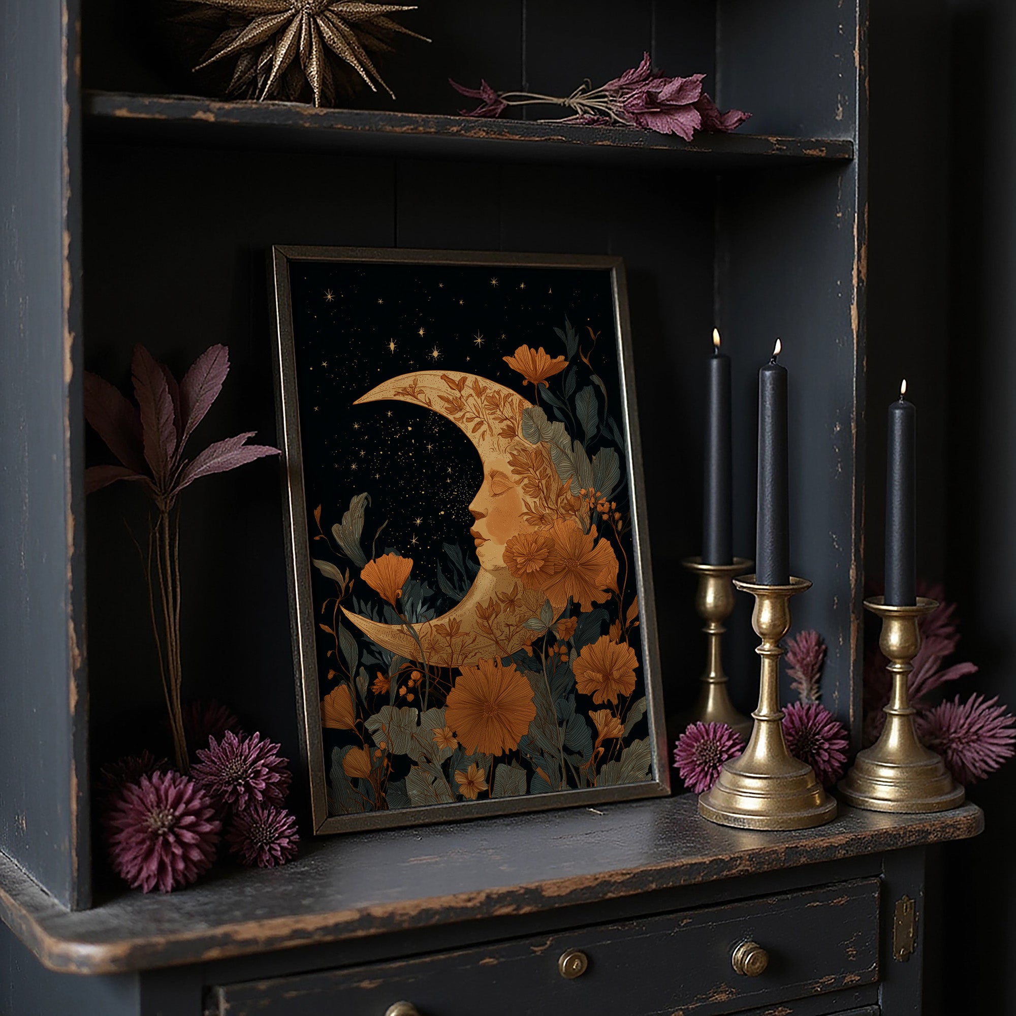 Copper Crescent Among Starlit Petals
