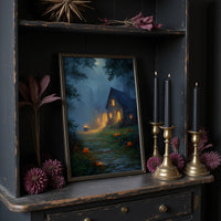 Autumn Cottage Under Midnight Fog