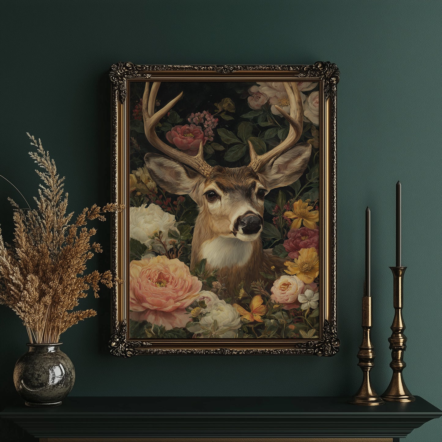 Noble Stag Among Blooming Peonies