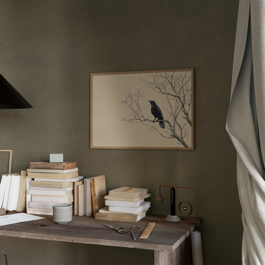 Raven Perches On Winter Branches