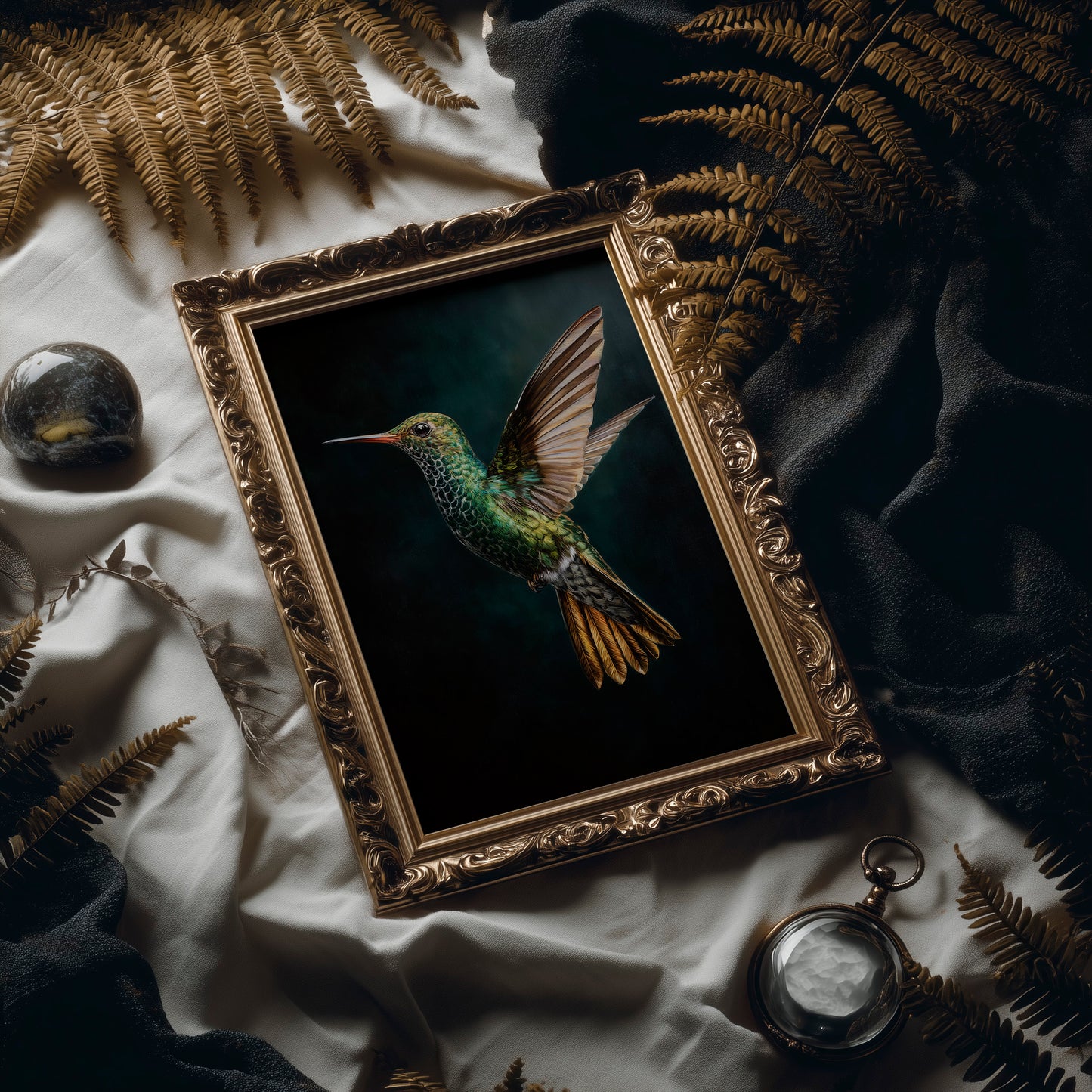 Jeweled Flight Against Midnight Teal