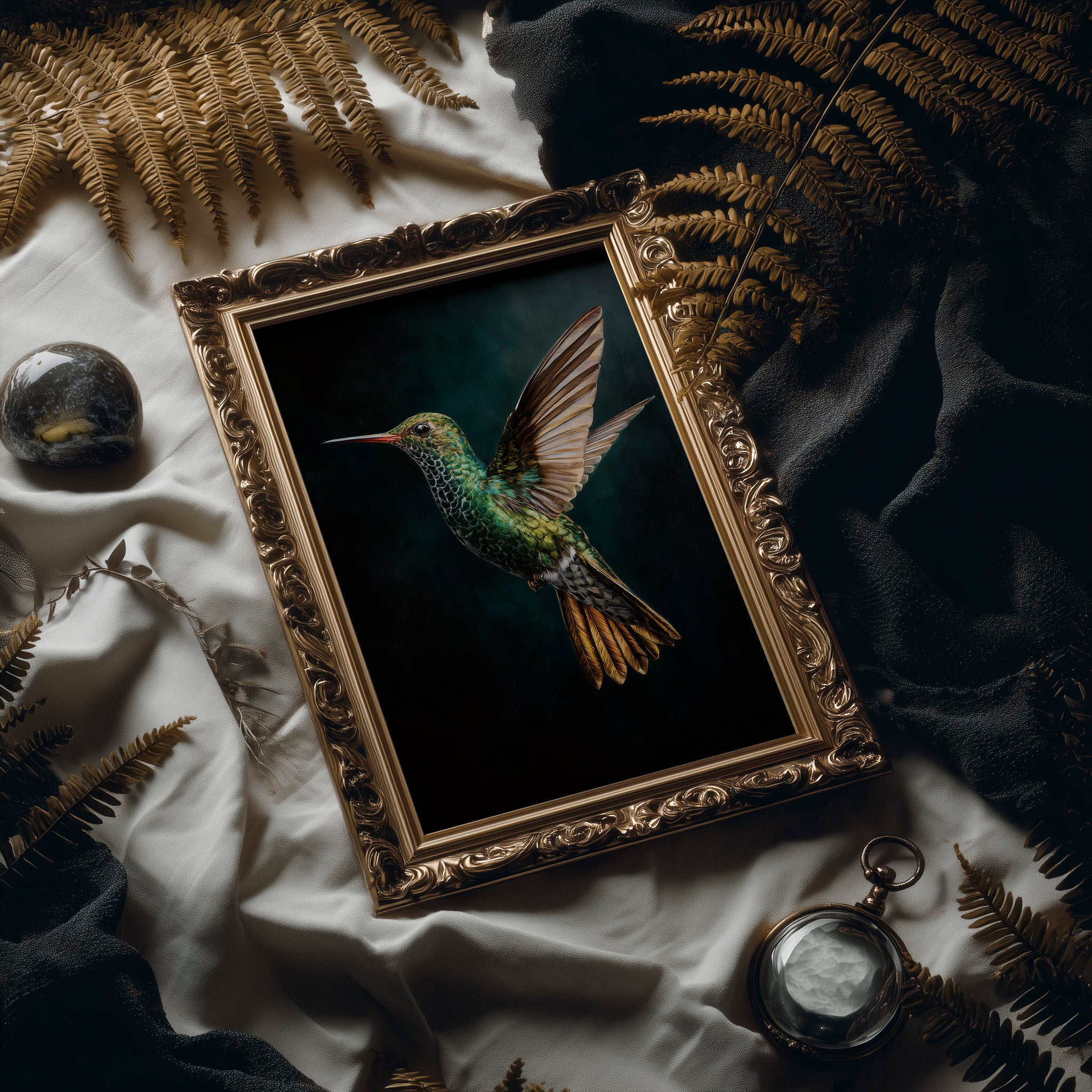 Jeweled Flight Against Midnight Teal