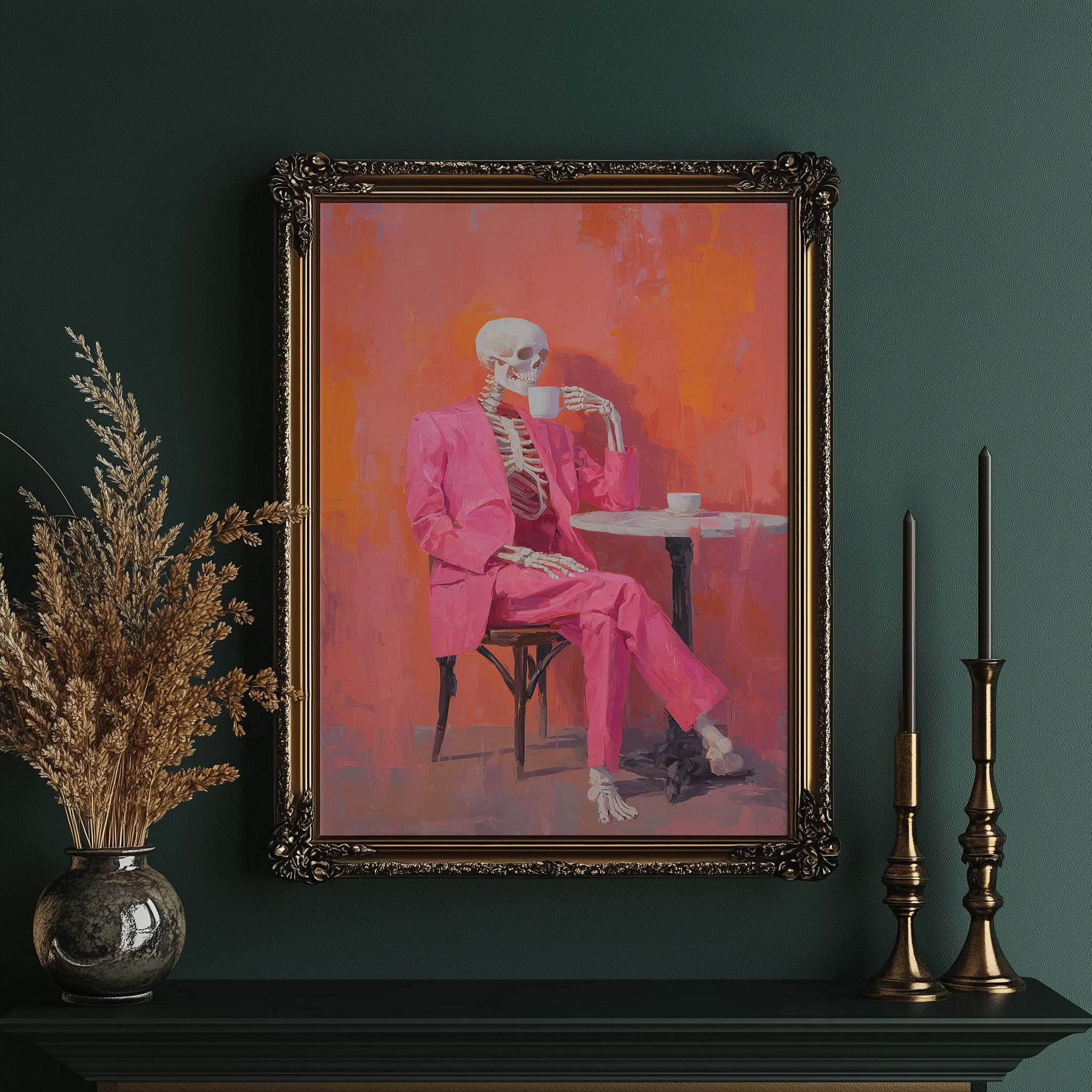 Fuchsia Suit Sips Eternal Coffee