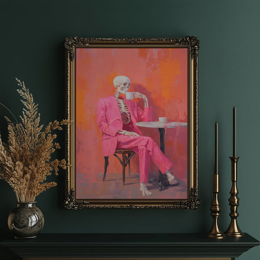 Fuchsia Suit Sips Eternal Coffee