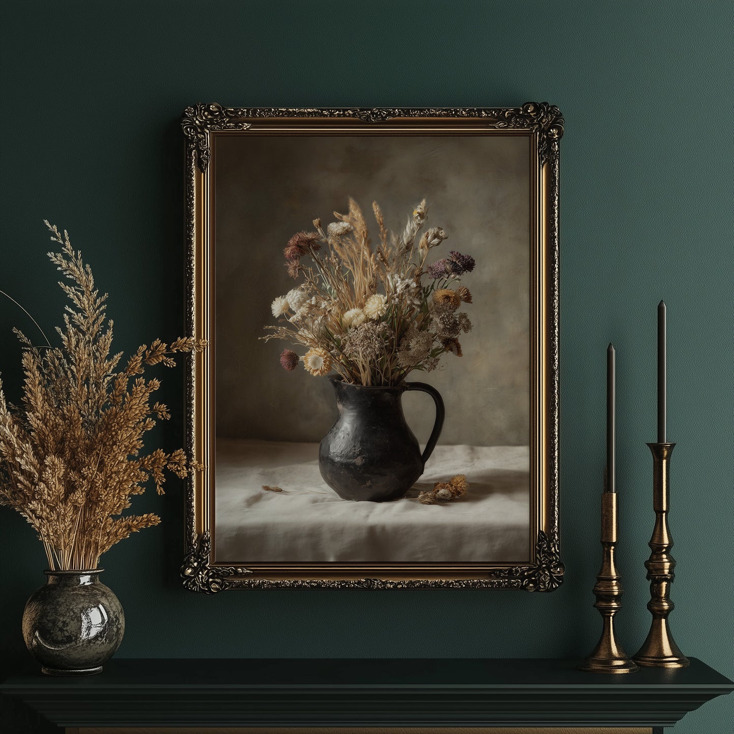 Dried Blooms In Earthen Pitcher