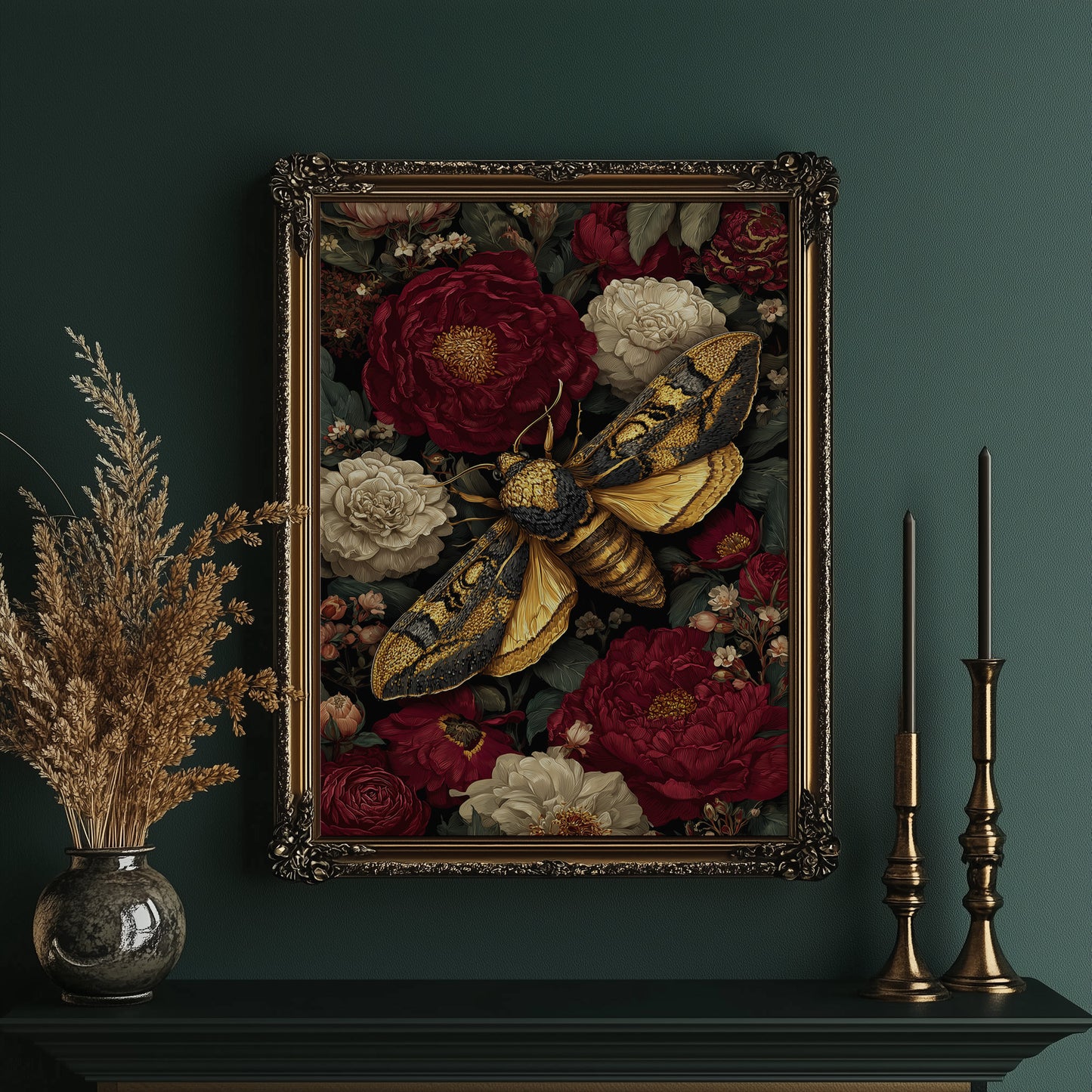 Golden Moth Among Crimson Blooms